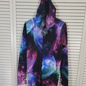 Galaxy Print Hooded Jumpsuit - Multicolor